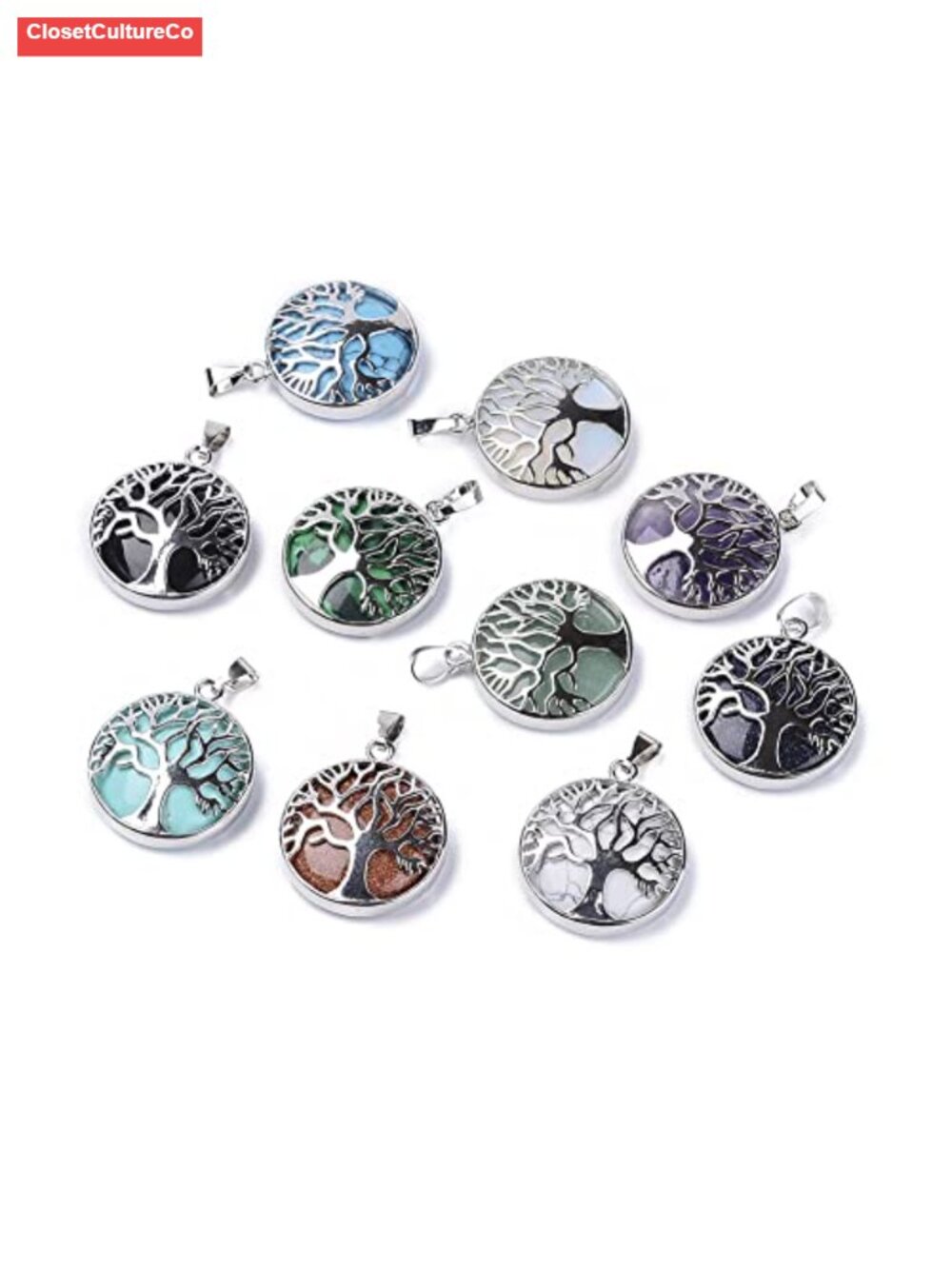 10pc Tree of Life Charms Natural Gemstone Platinum Plated Brass DIY Jewelry